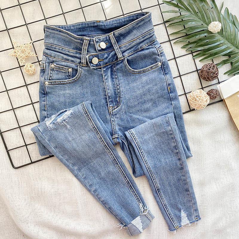 Women's Spring Jeans High-waisted Feet Tight-fitting Holes Look Thin Stretch Slim Pencil Pants Trend
