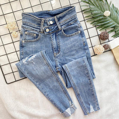 Women's Spring Jeans High-waisted Feet Tight-fitting Holes Look Thin Stretch Slim Pencil Pants Trend