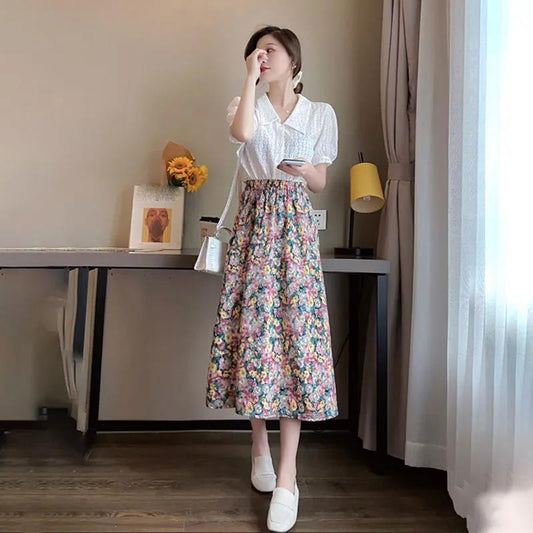 Floral Skirt Women Chiffon High Waist Long Skirt A-line Skirt Mid-length Floral Skirt Elastic Waistline Ladies Skirt Fabric Light and Breathable