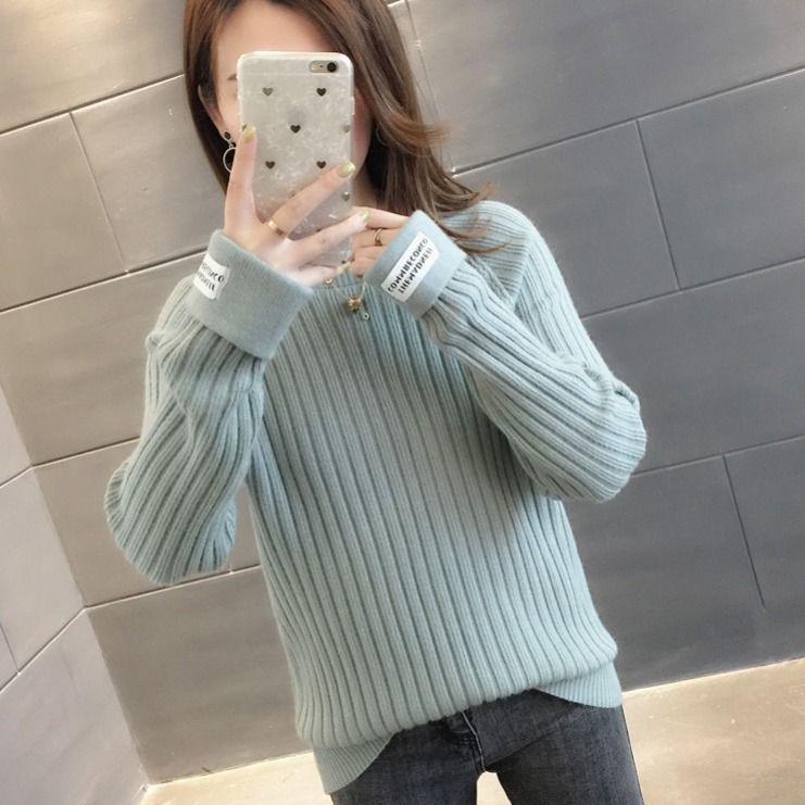 Pofulove Autumn Winter White Sweaters Students Loose Knit Bottoming Shirt Women's Long-sleeved Wear