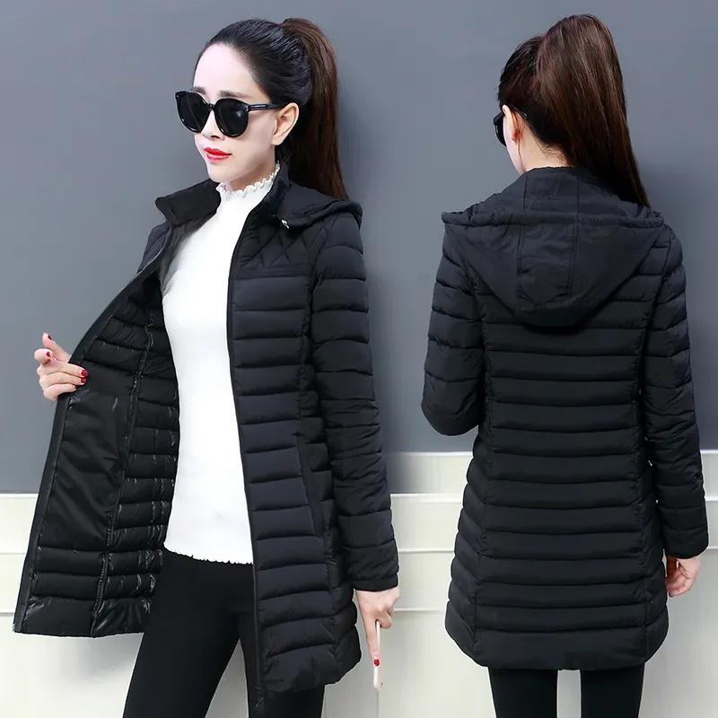 Women Autumn Winter Medium Long Coat Thicken Warm Hooded Jackets Cotton Padded Puffer Jacket Overcoat Slim Mid-length Windproof Parkas