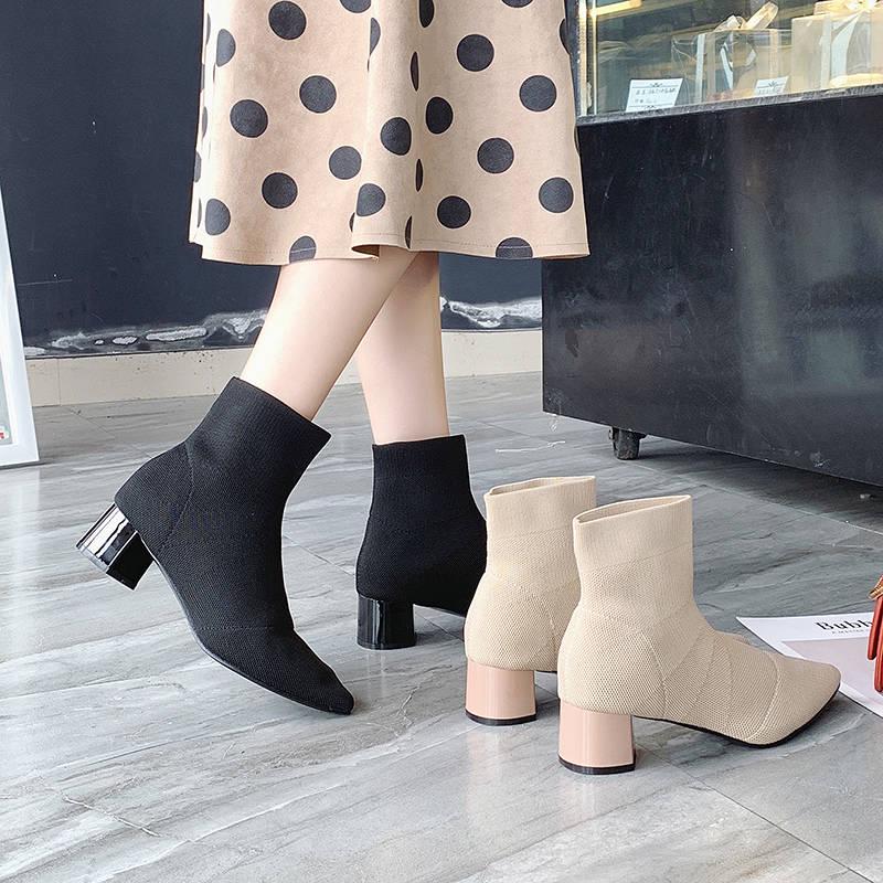Flock Ankle Boots Women for Autumn Winter Fashion Pointed Toe Heel Woman Chelsea Boots Plus Size
