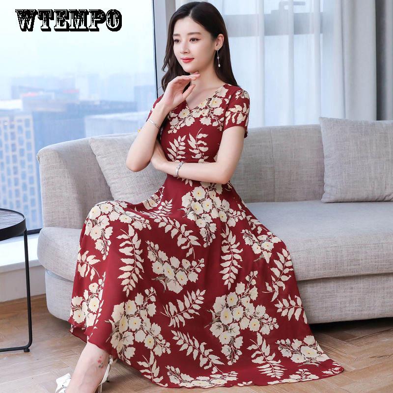 Summer Round Neck Short-sleeved Dress Floral Dress Over The Knee Loose and Thin