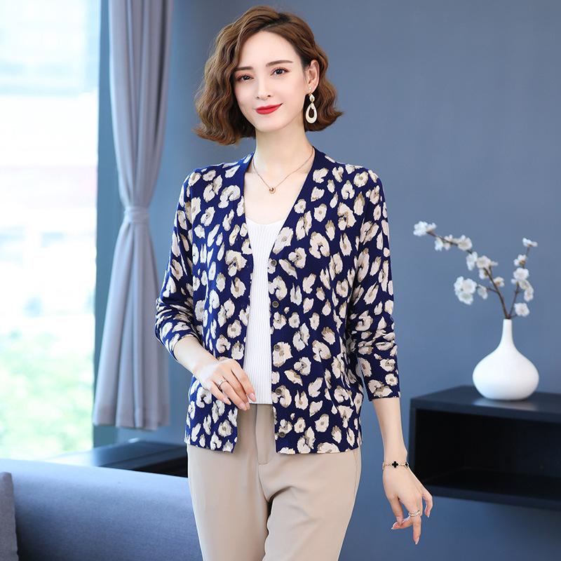 Autumn Winter Ladies Printed  Knit Cardigan Sweater Fashion V-neck Knit Jacket Woolen Sweater Coat