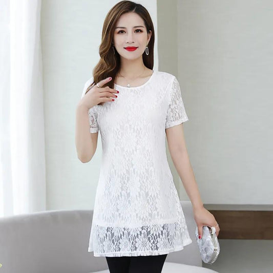 Women's Summer Short Sleeve Round Neck Large Size Lace Loose T-Shirt
