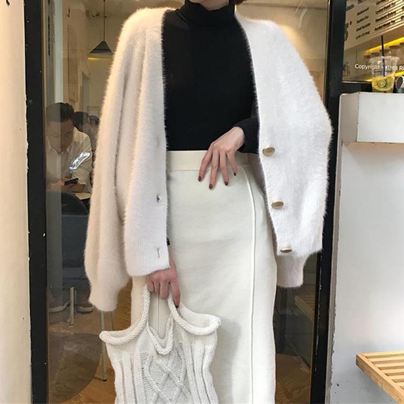 New Slim Autumn Imitation Mink Velvet Lazy Loose V-neck Casual Long-sleeved Sweater Knitted Cardigan Button Jacket Women
