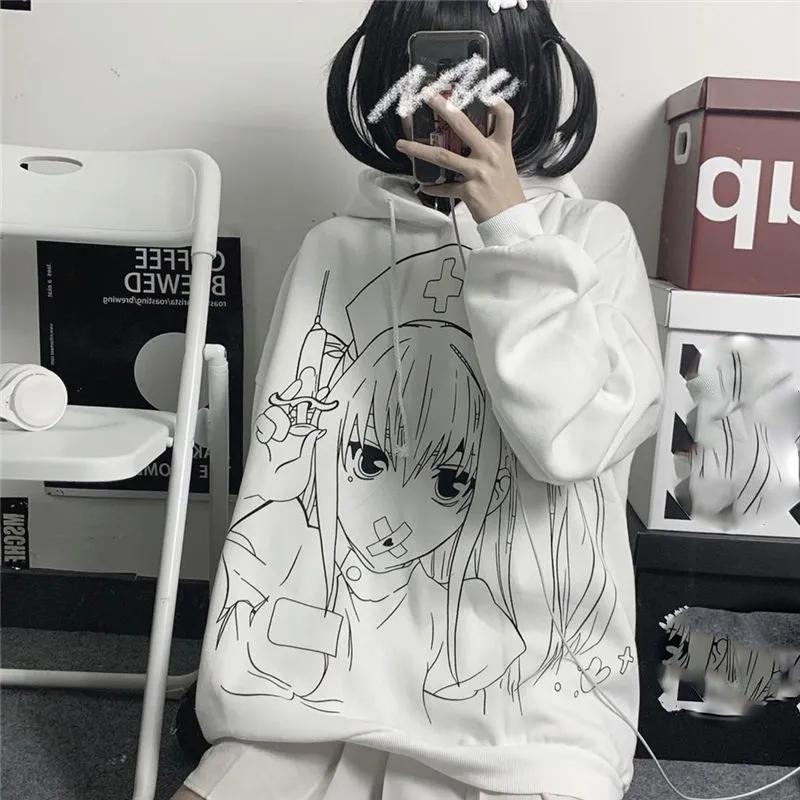 Women Hoodies Anime Sweatshirt White Hooded Oversized Tracksuit Autumn Winter Hooded Sport Shirts