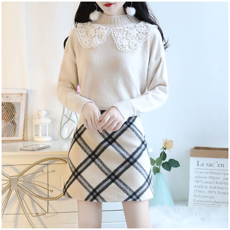 Pofulove Schoolgirl Lace O Neck Warm Knitwear Skin-friendly High Elasticity Girly Pullover Sweater