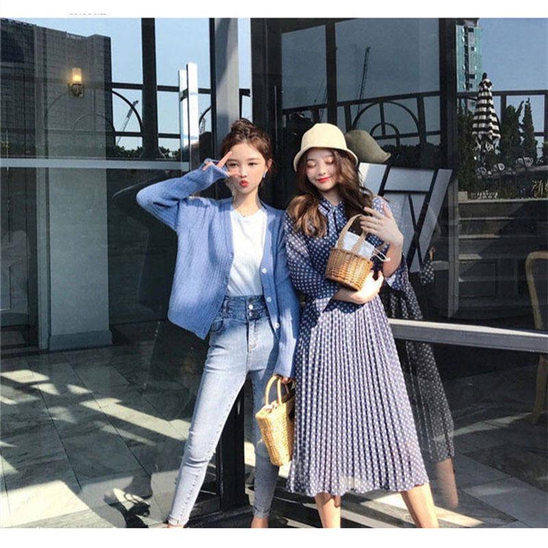 Short V-neck Cardigan Sweater Female Button Korean Style Long-sleeved Loose Striped Knitted Solid Color Coat