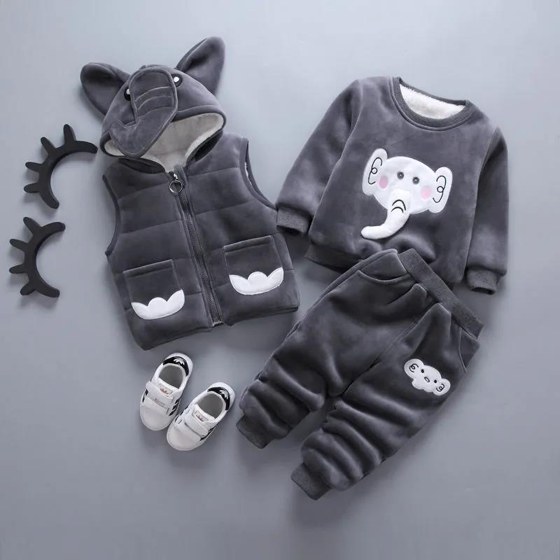 Boy's Autumn and Winter Plus Velvet Padded Cotton Three-piece Suit Baby Little Baby Warm Solid Color Fashion Cute Hooded Sweater Cotton Suit