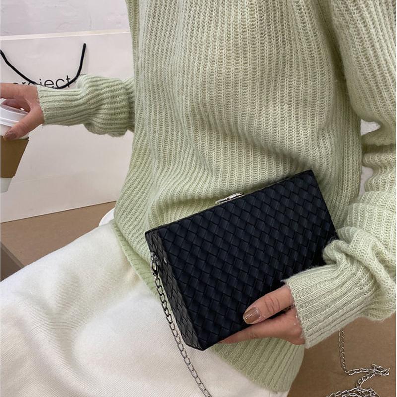 Women Box Bag Print Casual Clutch Purse Shoulder Crossbody Bags Weave Pattern Metal Chain Pu Leather