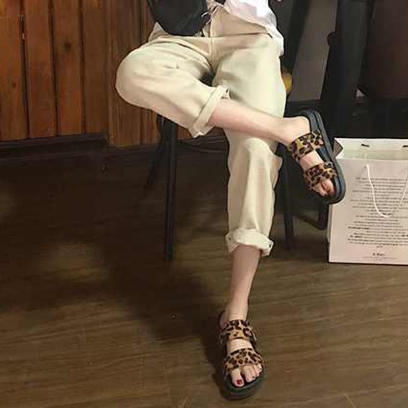 European and American Harajuku Style Student Fashion Outer Wear Leopard Print Slippers Female Summer Platform Double Strap Beach Sandals