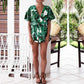 Summer V-neck Lotus Leaf Sleeves Leaf Print Skirts Cross-border Hot Chiffon One-piece Hakama
