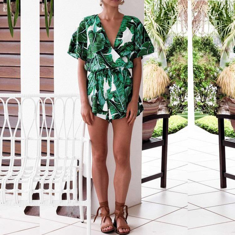 Summer V-neck Lotus Leaf Sleeves Leaf Print Skirts Cross-border Hot Chiffon One-piece Hakama