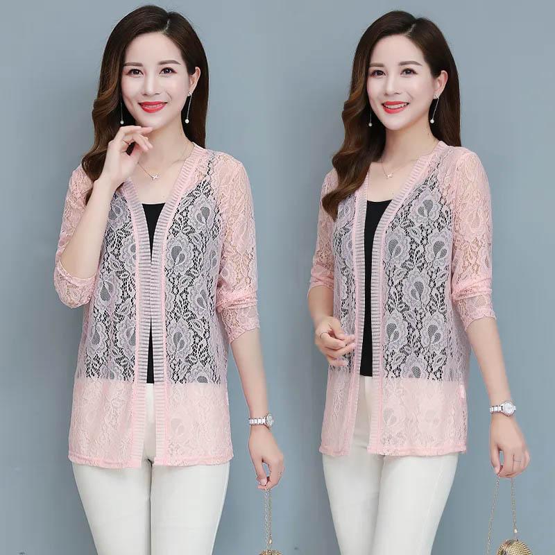 Thin Section Long-sleeved Sunscreen Ladies Summer Breathable Solid Color Chiffon Lace Cardigan All-match Clothing