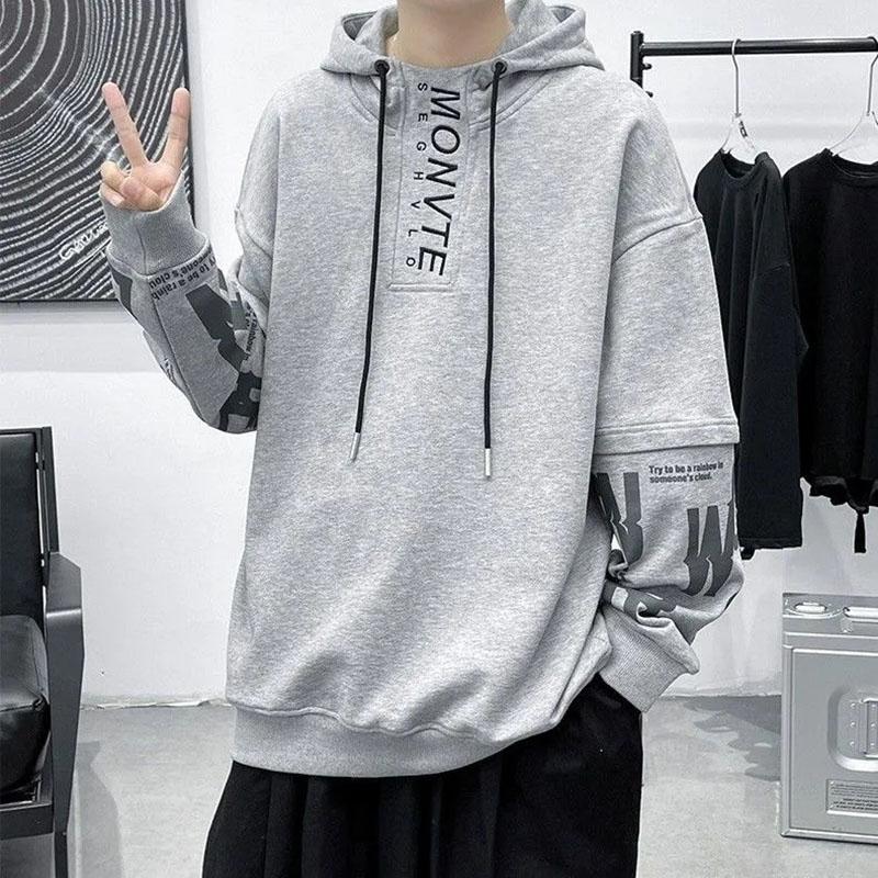 Hooded Sweater Men's Spring and Autumn Loose Large Size All-match Fake Two-piece Top Pullover Thin Section