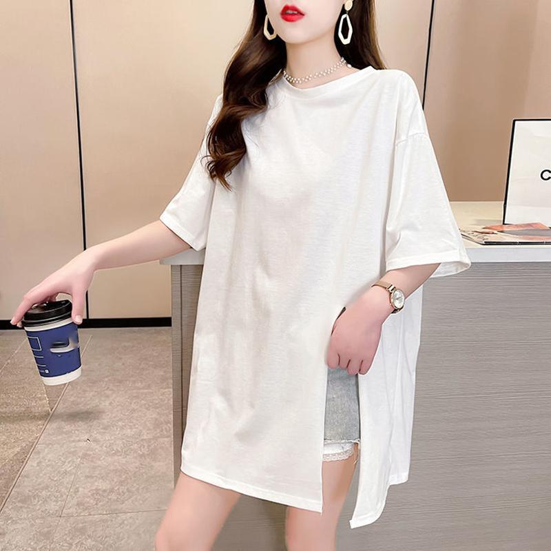 Women's Short-sleeved T-shirt Tops Loose Cotton Mid-length Short-sleeved Irregular Split T-shirts Women's Color T-shirts