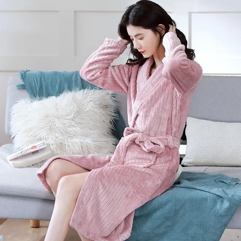 Women's Autumn Winter Coral Fleece Nightgown Mid-length Flannel Bathrobe Solid Color Striped Pocket Belted Dressing Gown Long Sleeves Thick Warm Robe