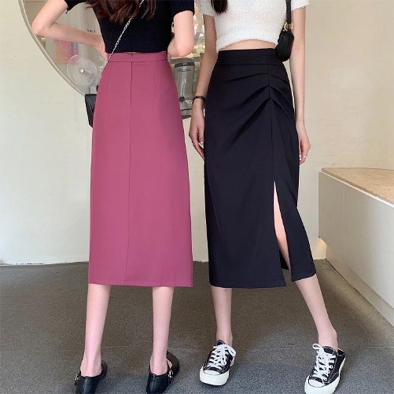 Pleated Slit Hip Skirt Summer Korean Version A-line Skirt High Waist Slim Mid-length Black Skirt Women