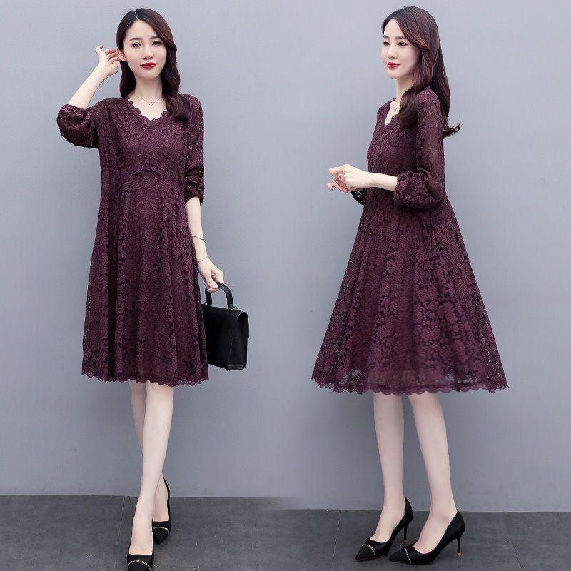 Spring Summer Women's Plus Size Lace Dress Mid-length Long-sleeved A-line Skirt All-match V-neck Women's Dress