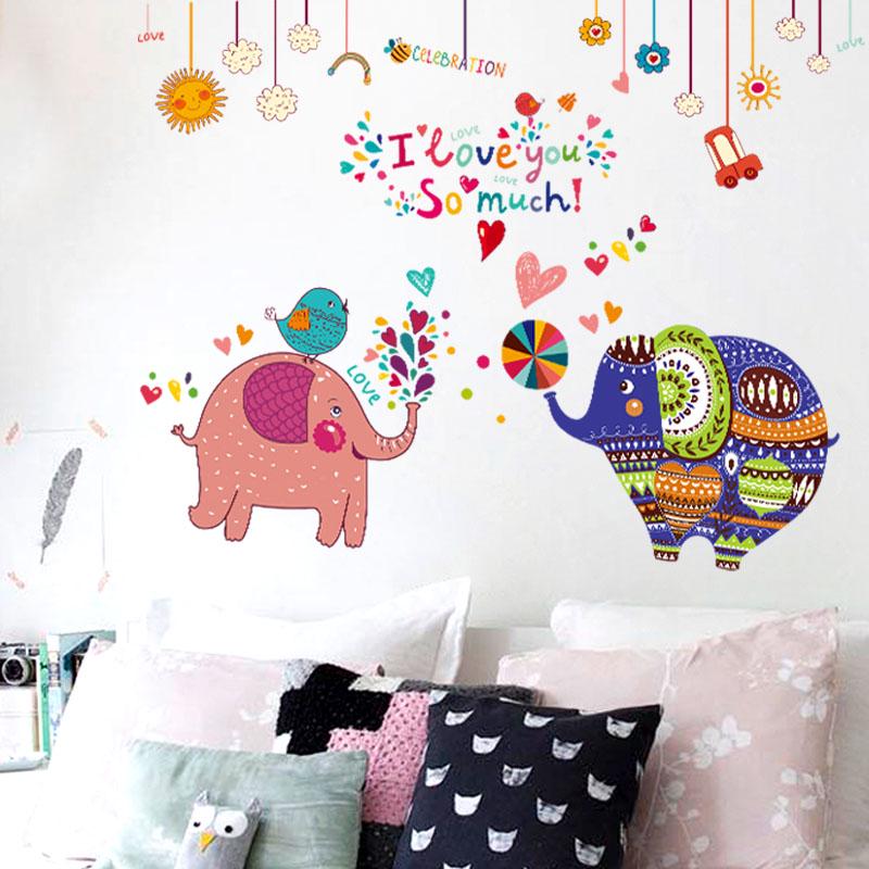 [Wall sticker ]Cartoon Couple Elephant Wall Stickers For Kids Rooms Nursery Boy Girls Lovers Bedroom