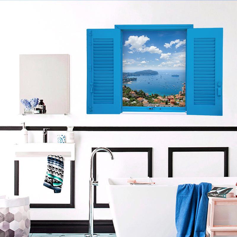 3D Mediterranean blue fake window scenery Bedroom living room porch decorative wall stickers