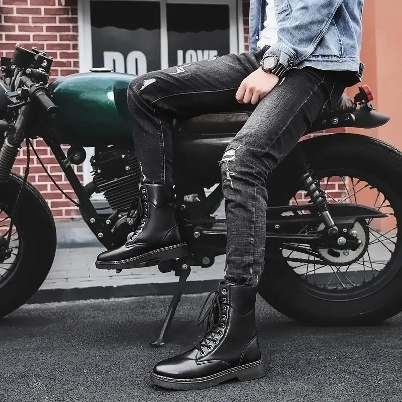 Autumn High-top Cowboy Boots All-match Outdoor Martin Boots Men's Casual British Tooling Leather Boots Men's Lace-up Black Handsome Motorcycle Boots