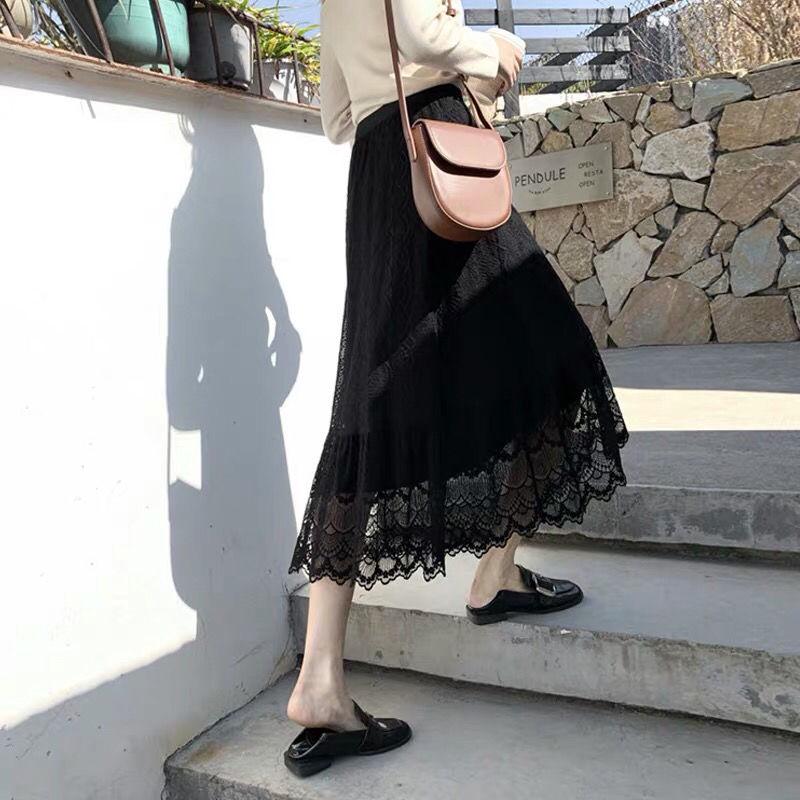 Spring Summer Long Skirt Women Clothing 2020 Flower Embroidered Lace Mesh Skirts Sweet Pleated Tulle Skirt Faldas Saias
