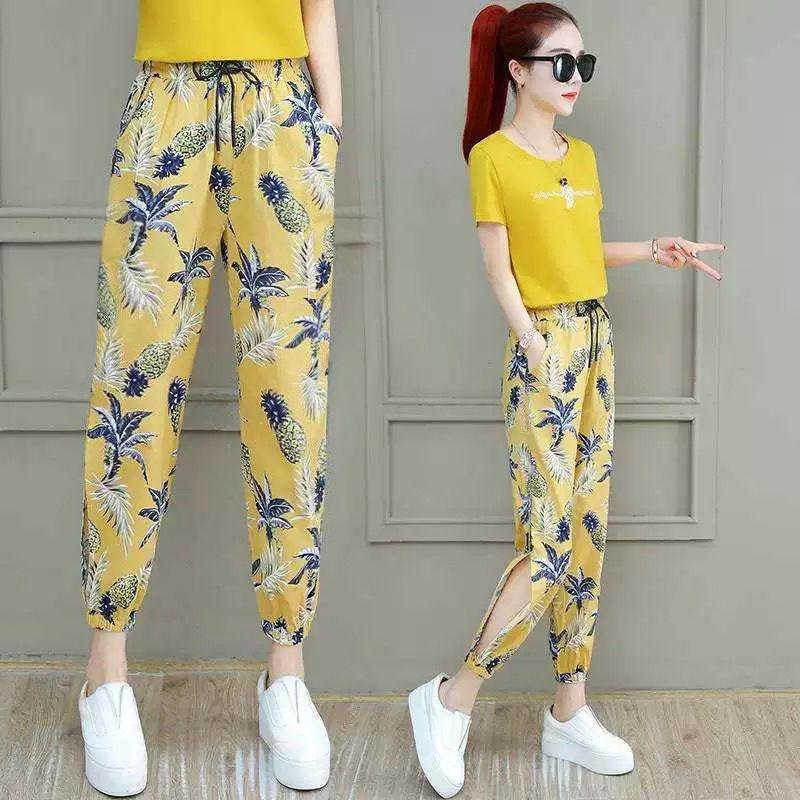 Elastic Waist Printing Boutique Harlan Cotton Trousers Nine Minutes Pants Women Loose Summer High Waist Thin Thin Casual Pants Women