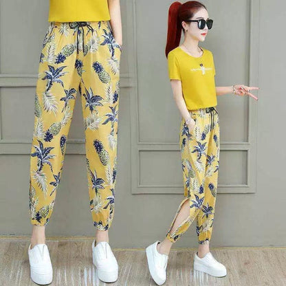 Elastic Waist Printing Boutique Harlan Cotton Trousers Nine Minutes Pants Women Loose Summer High Waist Thin Thin Casual Pants Women