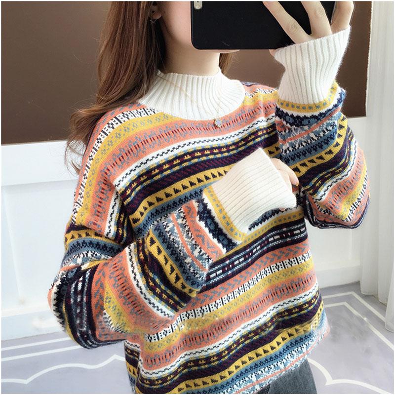 Winter Women Colorful Striped Pullover Sweater Casual Jumper O-Neck Long Sleeves Female Sweater