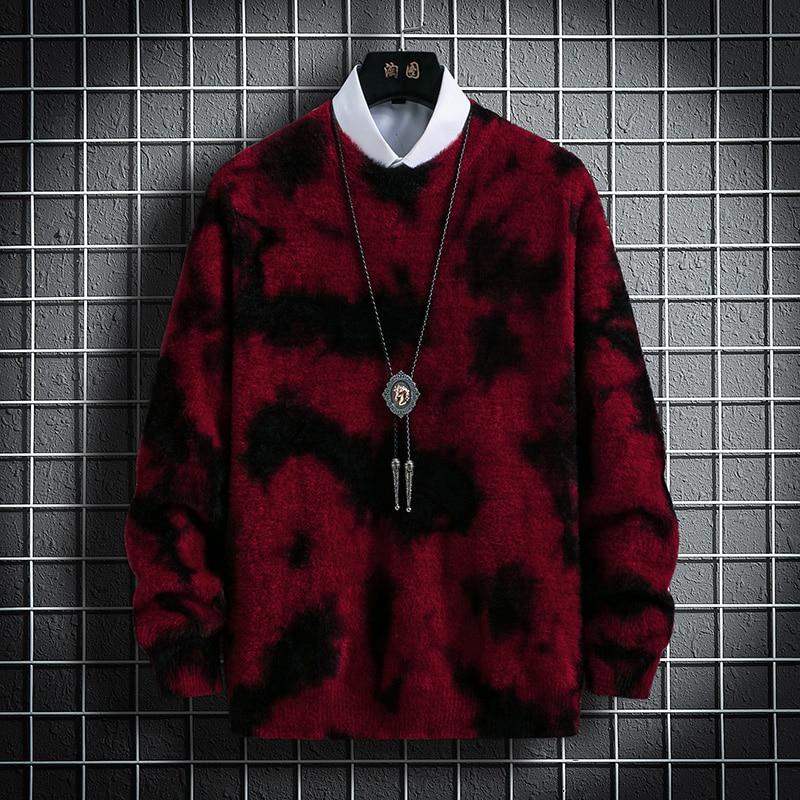 Men Sweater Autumn Winter Tie-dye Printing Men's Knitted Pullover Casual Long Sleeve Imitation Mink Warm Sweater
