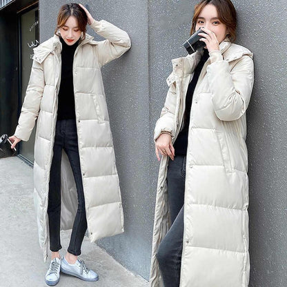 Stand-up Collar Hooded Down Jacket Padded Jacket Women Fall/winter Loose Padded Jacket Women Long Over-the-knee Padded Jacket Straight Slim Coat