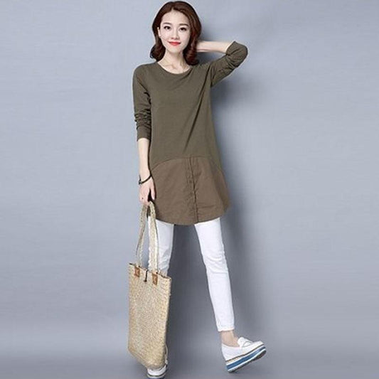 Female Autumn T-shirt Tops Women's Casual Splicing Round Neck Long Sleeve Loose Fashion stitching Pullover Tops