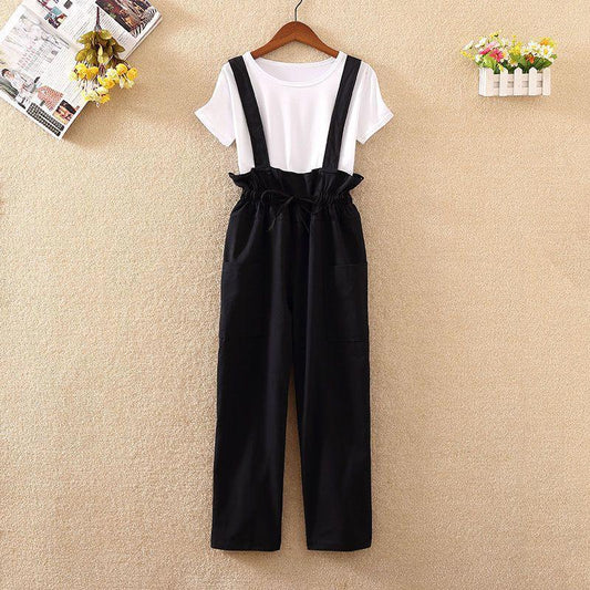 Ladies Casual Suit Two-piece Tooling Loose Overalls + Round Neck Short-sleeved T-shirt Ladies Suit Casual Suspender One-piece Wide-leg Pants