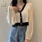 Autumn  Contrast Color Sweater Stitching Chiffon V-neck Thin Student Lantern Sleeve Women