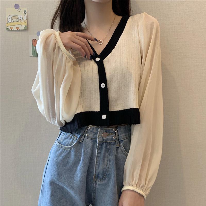 Autumn  Contrast Color Sweater Stitching Chiffon V-neck Thin Student Lantern Sleeve Women
