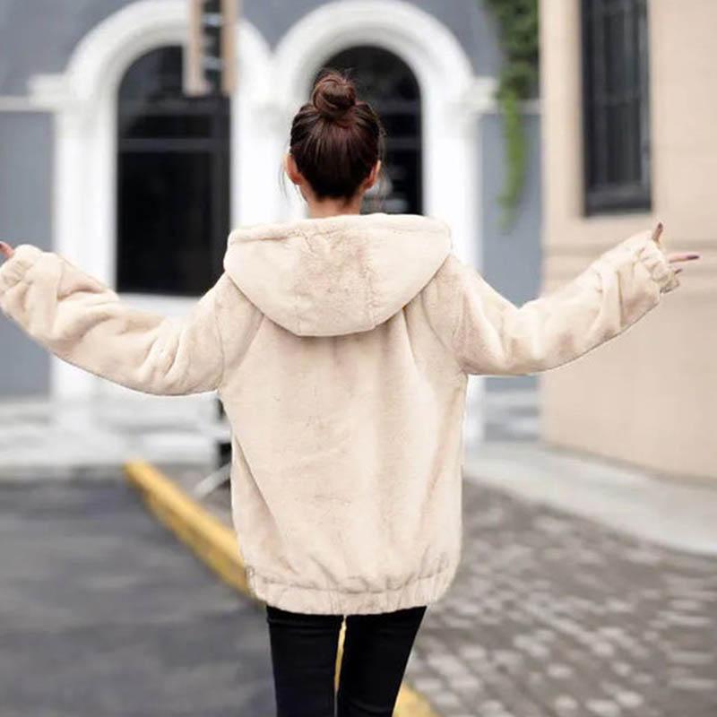 Plus Velvet Padded Faux Rabbit Fur Hooded Mid-length Loose Long-sleeved Jacket Women