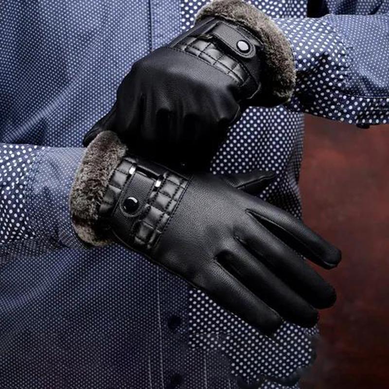 A Pair of Leather Gloves Men's Winter Plus Velvet Thick Warm Touch Screen Cycling Gloves
