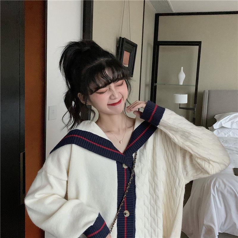 Autumn and Winter College Style Navy Collar Contrast Color Design Sense Outer Wear Loose Long-sleeved Knitted Sweater Women