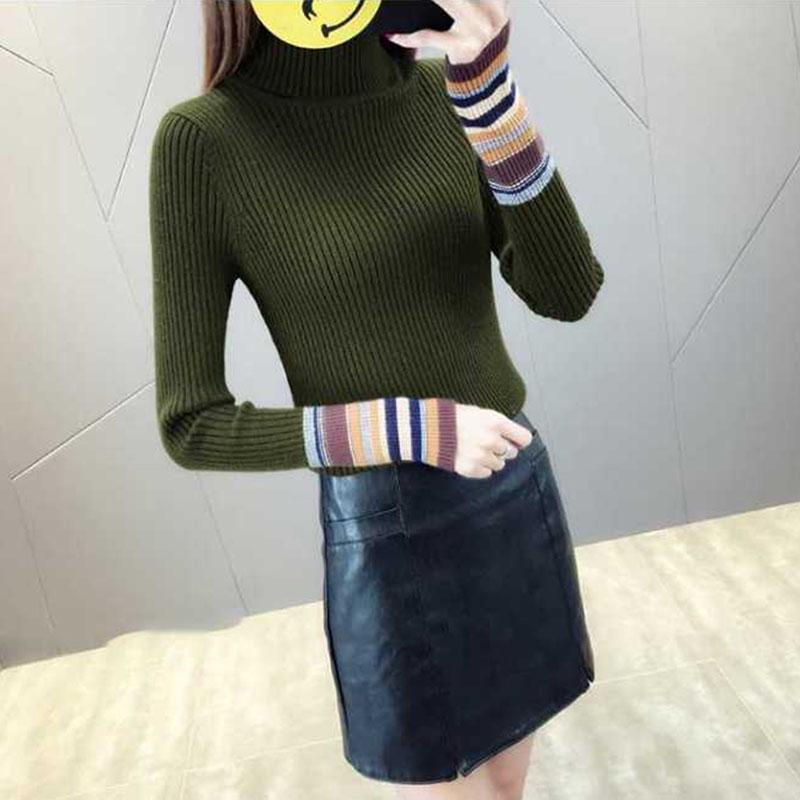 Pofulove Women Striped Turtleneck Sweater Winter Long Sleeve Slim Knitted Pullover Bottoming Shirt