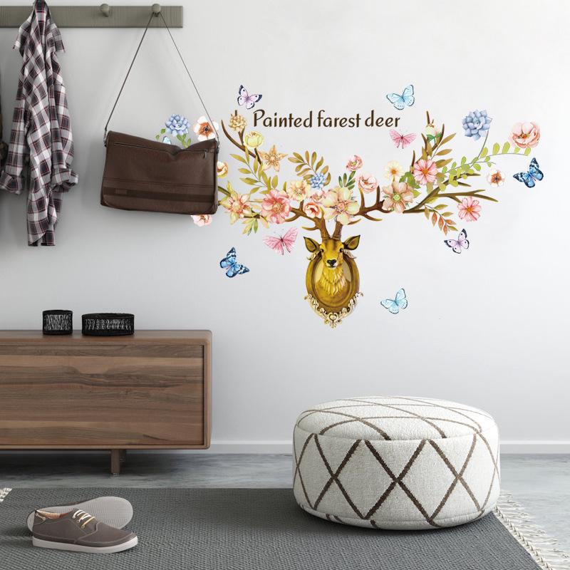 Yellow Butterfly Sika Deer Nordic Background Decoration Removable Wall Sticker fast deer wallpaper