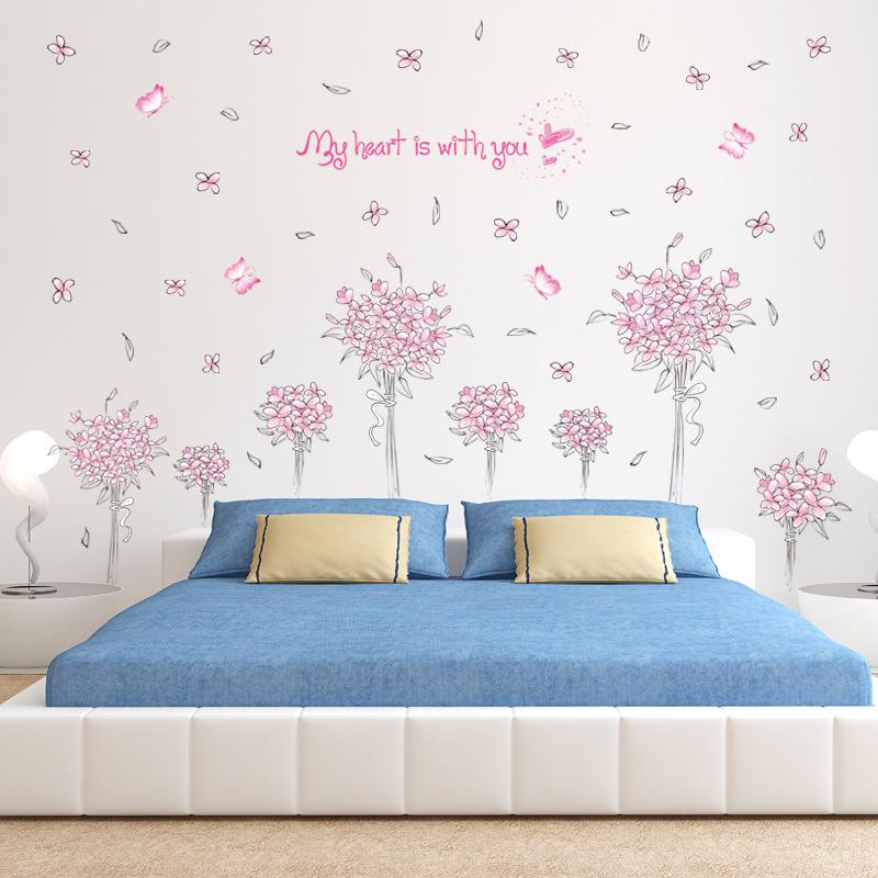 Pink flower group bedroom living room TV sofa wall stickers green stickers romantic love wallpaper