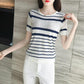 Ice Silk Sweater Girls Thin Short-sleeved Hollow Top Summer Loose Striped T-shirt Fashion and Elegant
