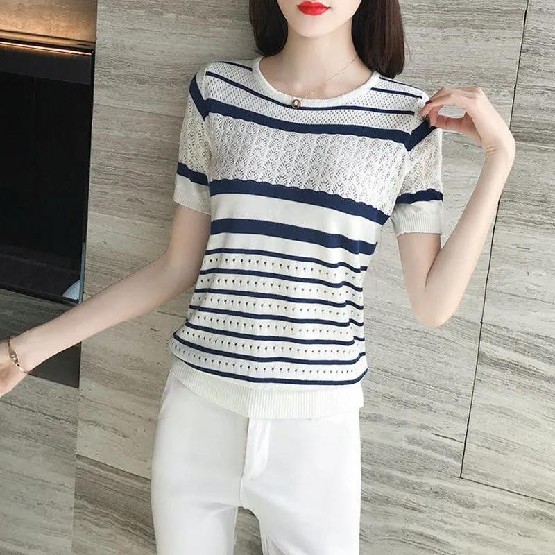 Ice Silk Sweater Girls Thin Short-sleeved Hollow Top Summer Loose Striped T-shirt Fashion and Elegant