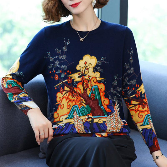 Autumn and winter ladies fur round neck bottoming shirt fashion printing shirt sweater