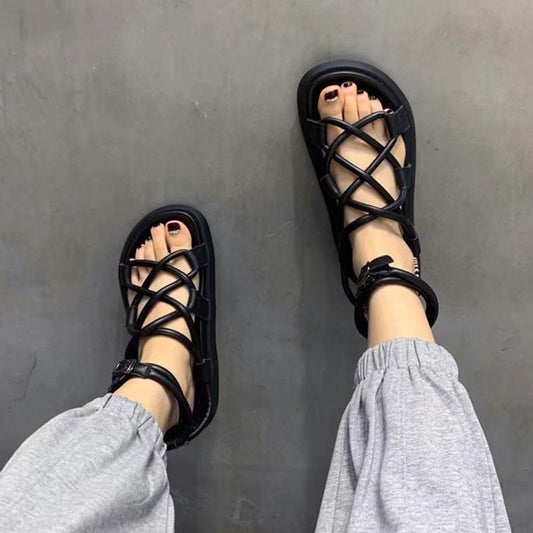 European Roman Sandals Women's Summer Leather Flat Casual All-match Beach Foot Ring Strap Sandals