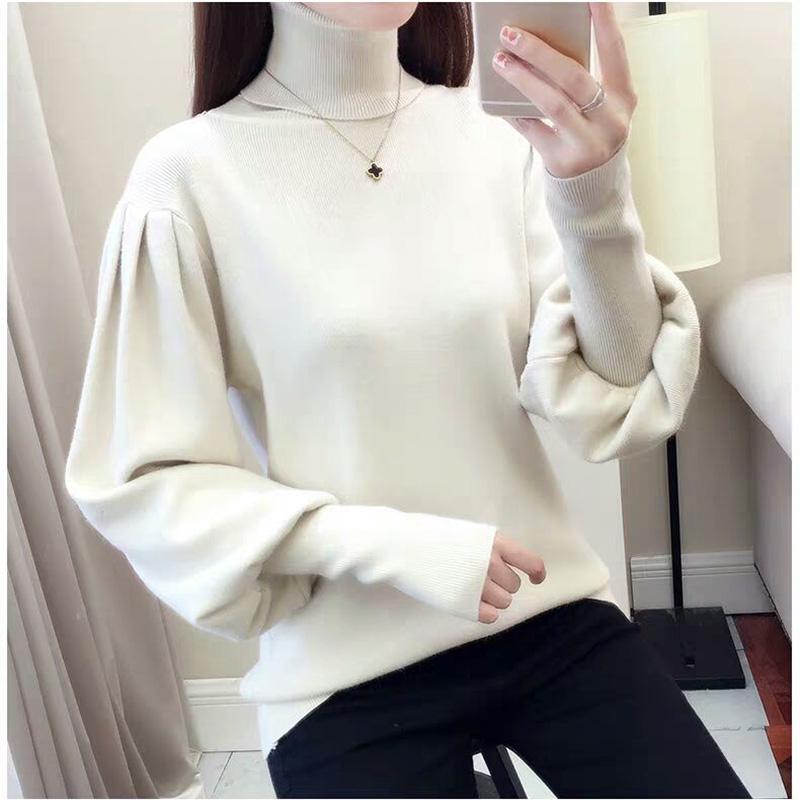 Core-spun High-neck Slim-fit Sweater Women Autumn and Winter Lantern Sleeve Knit Top Fashion Loose Bottoming Shirt Tide