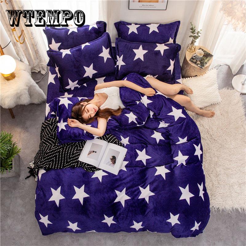 Flannel Winter Home Textile Printed Geometric Hand Wash Warm Flannel Bedding Sets 4pcs