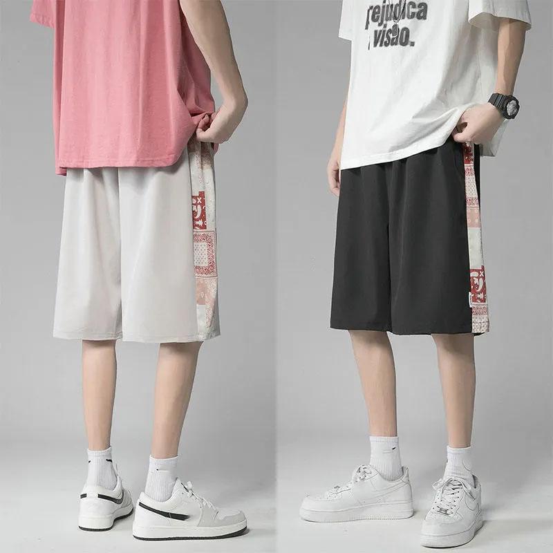 Men's Summer Printing Cooling Ice Silk Stitching Shorts Loose Outer Wear Wide-leg Five-point Pants Casual All-match Shorts
